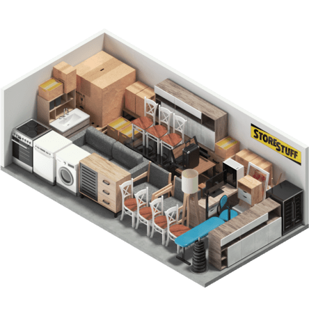 Layout of a business storage warehouse unit at StoreStuff Self Storage, indicating space for inventory, documents, and equipment suitable for businesses in Wellington.