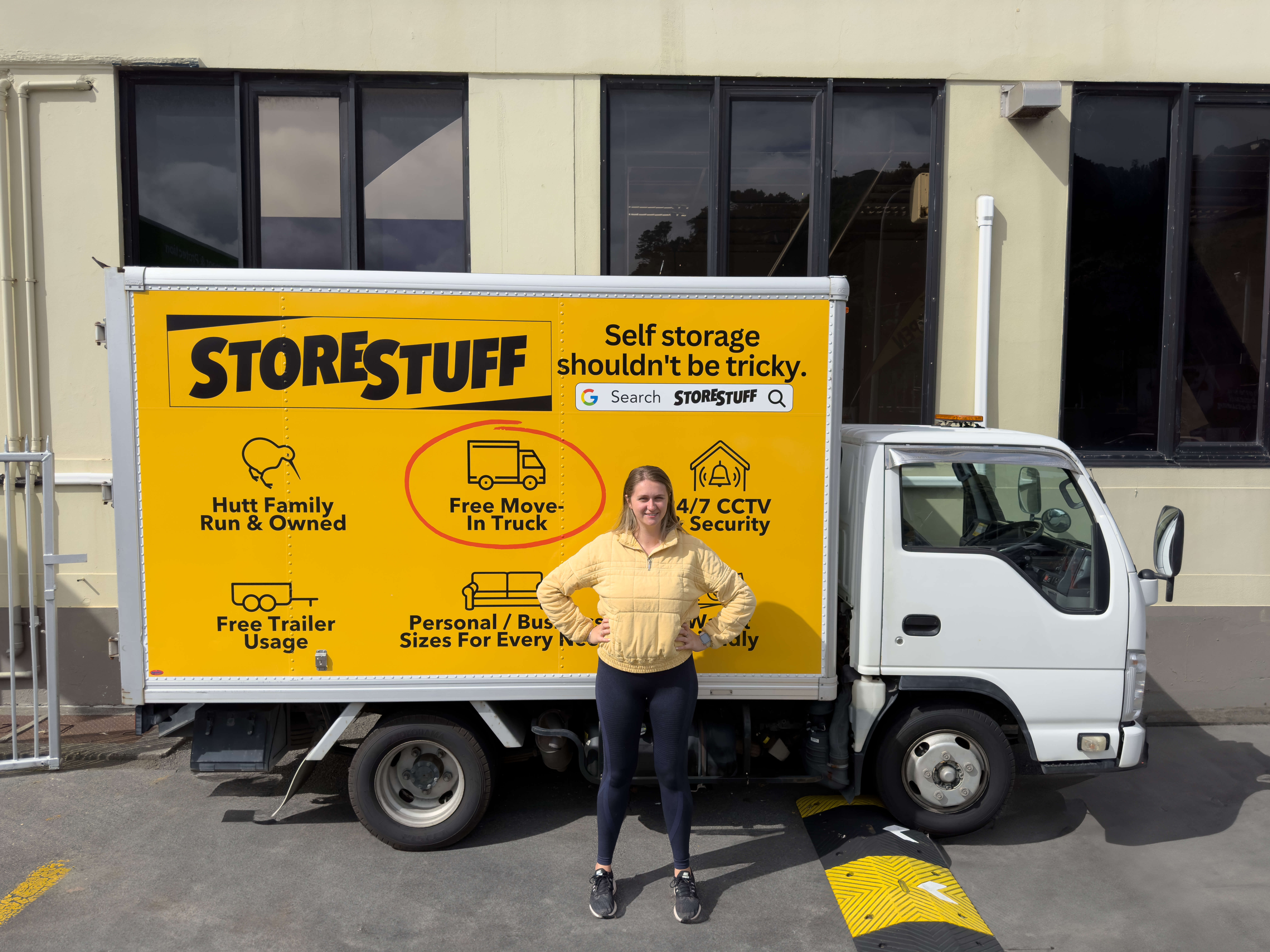 Wellington's free move-in truck parked at the storage facility, part of the comprehensive service offerings.