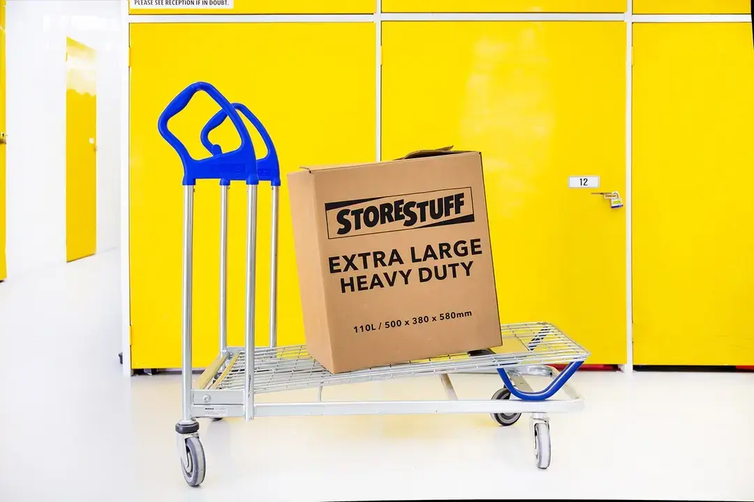 StoreStuff extra large heavy duty moving box graphic with hand trolley